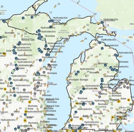 A map of energy project sites in the Great Lakes region.